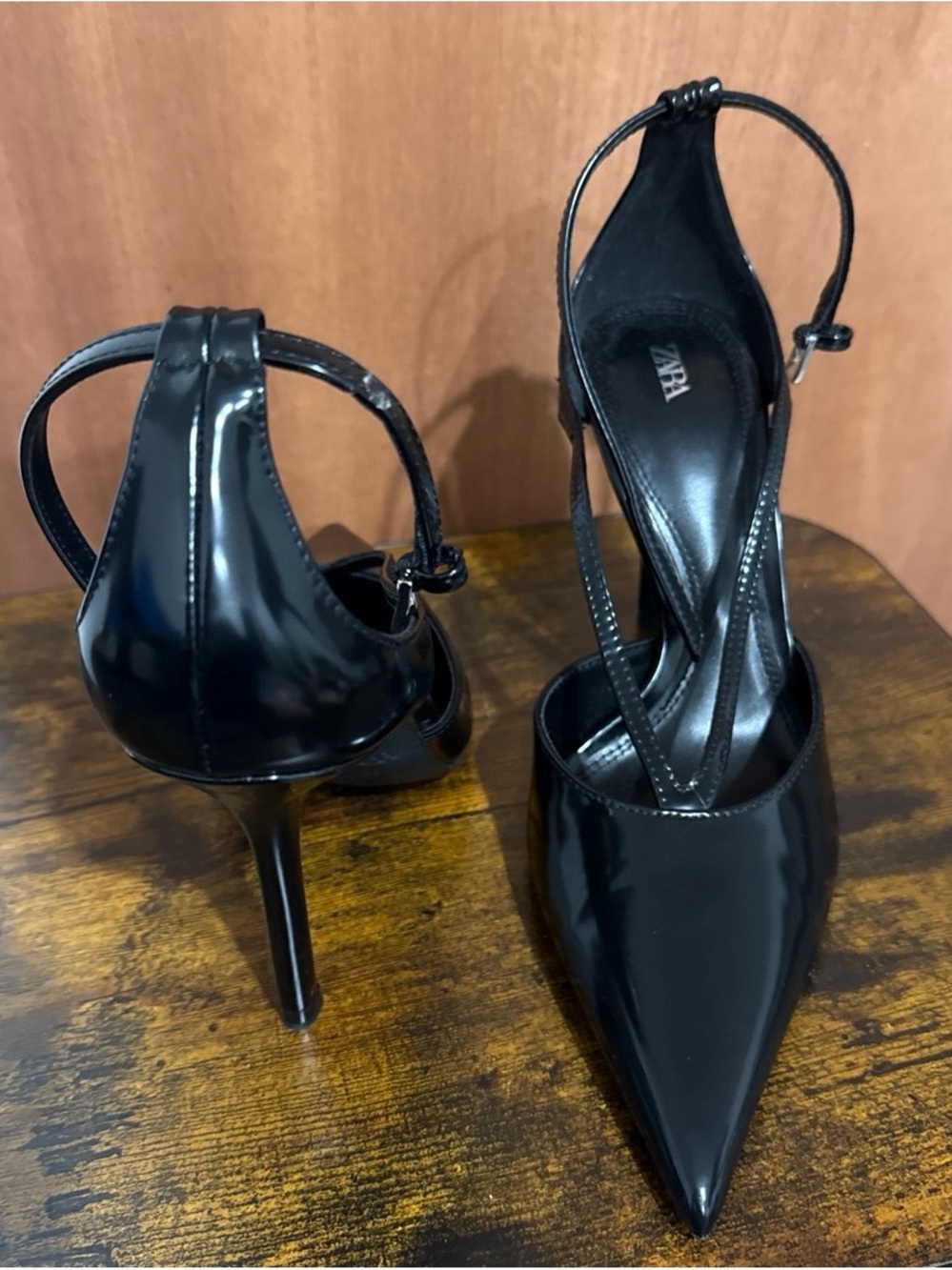 Zara Black Patent Pointed Toe Stiletto with Ankle Strap